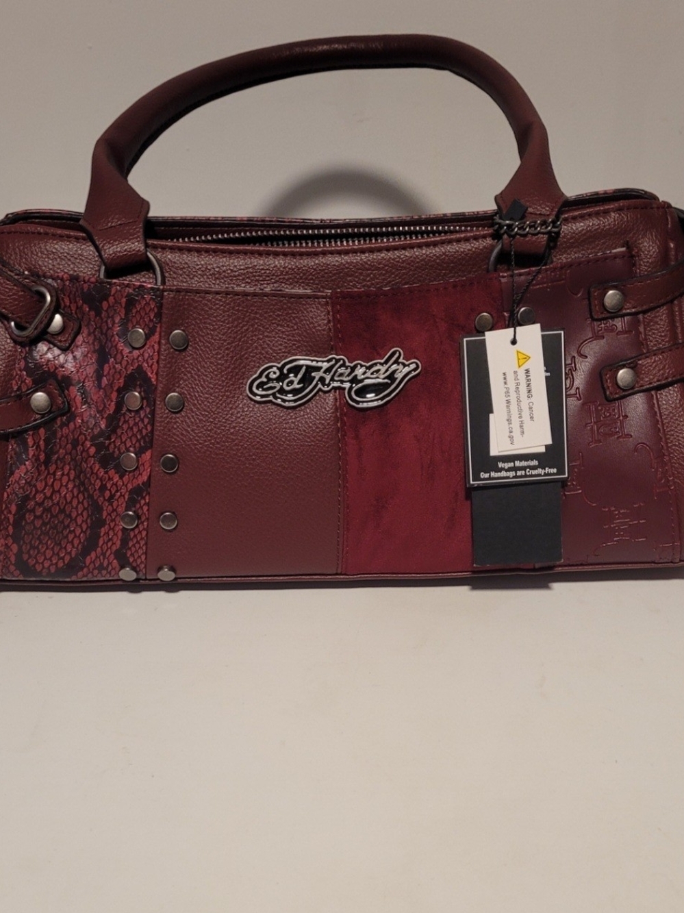 Ed Hardy Burgundy Patchwork Snake-Print Satchel